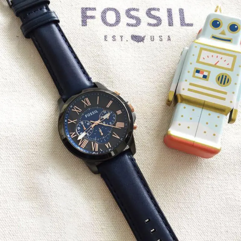 Fossil Grant Chronograph Black Dial Navy Leather Men's Watch- FS5061